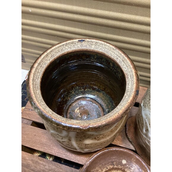 Art Pottery Creamer & Sugar Stoneware Brown Earth Tones White Drip Glaze Accent - Picture 6 of 15